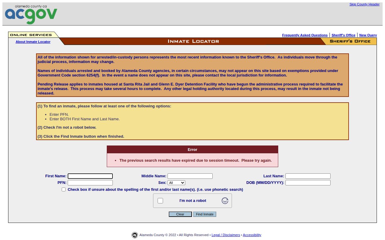 Alameda County jail roster and current booking search form