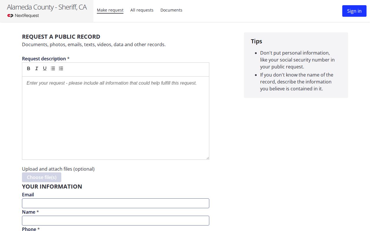 Alameda County booking record and mugshot request form