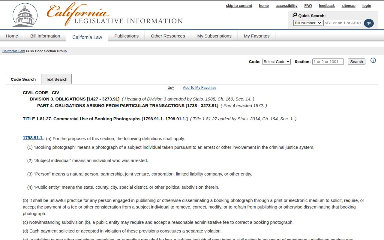 California anti-pay-to-remove booking photo statute for Alameda County records