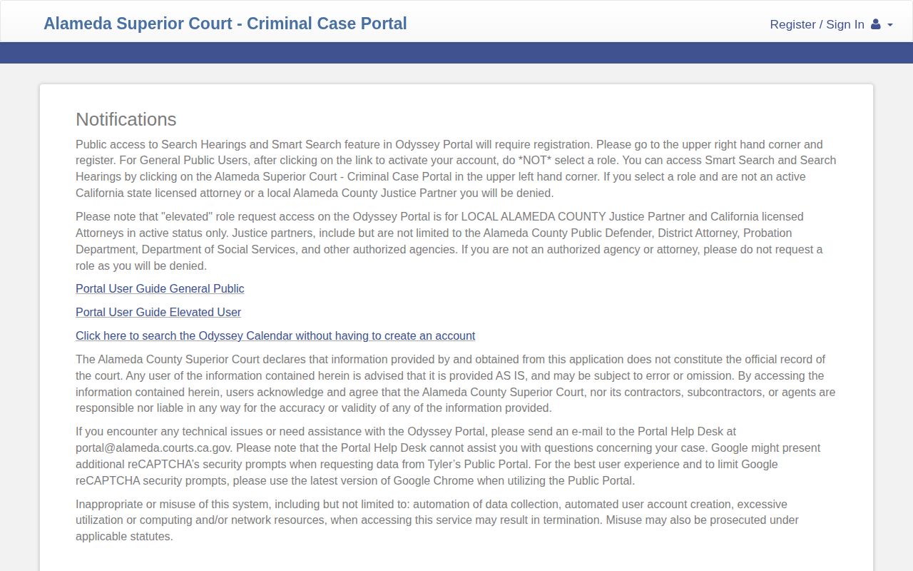 Alameda County criminal court booking disposition portal