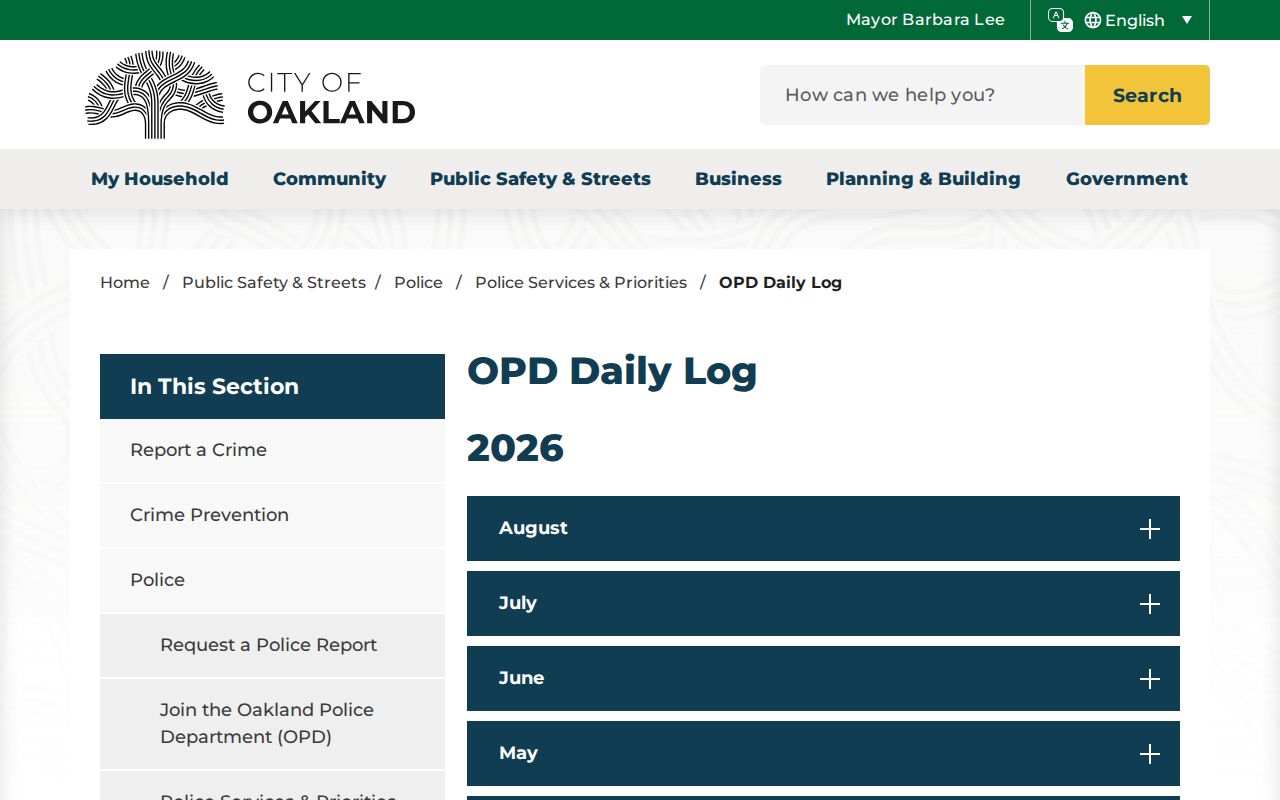 Oakland Police Department daily arrest log for Alameda County booking records